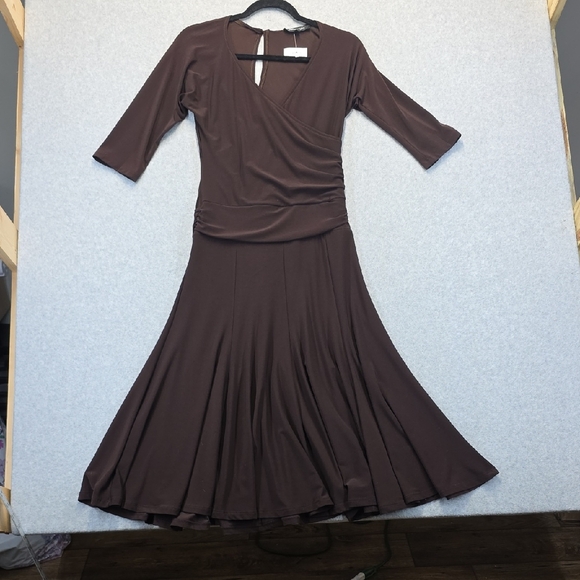 Mesmerize Brown Fit & Flare Midi Dress S NWT 3/4 Sleeve Wrap Style - Picture 2 of 11